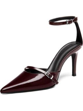 Coutgo Women's Deep Red Closed Pointed Toe Ankle Buckle Strap Pumps High Heels
